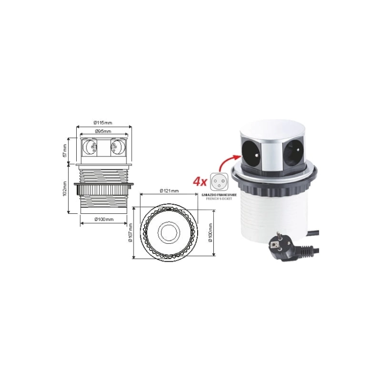 Gniazdo Tetra Box aluminium 4x schuko przew. 1,8mb
