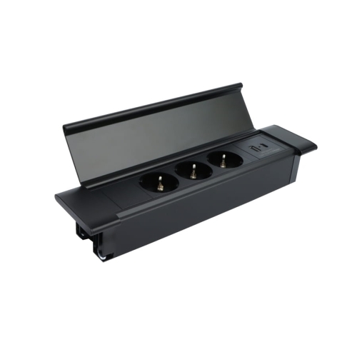 Gniazdo Flat Box CZARNY 3x gniazdo schuko, 1xUSB typ A, 1xUSB typ C przewód 1.8m