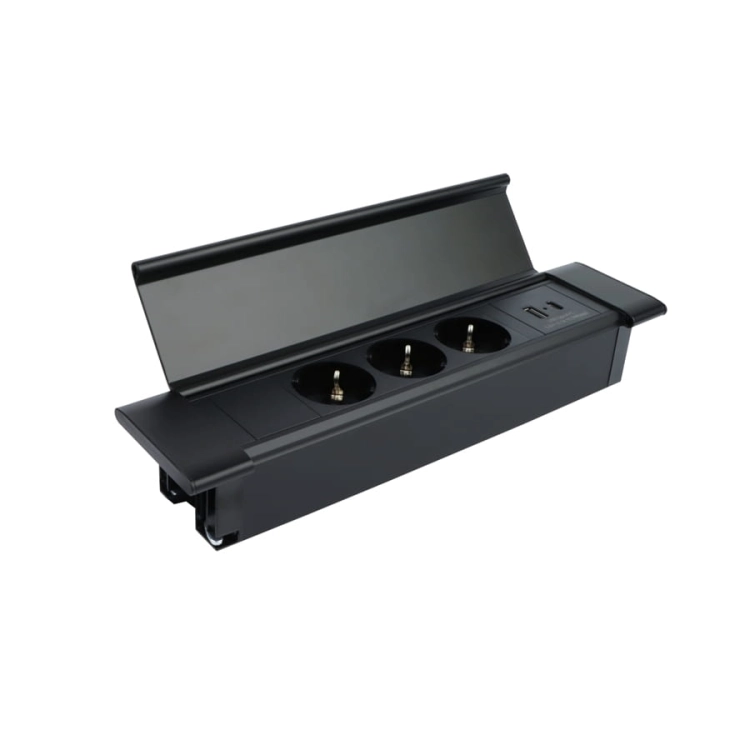 Gniazdo Flat Box CZARNY 3x gniazdo schuko, 1xUSB typ A, 1xUSB typ C przewód 1.8m