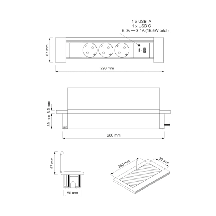Gniazdo Flat Box CZARNY 3x gniazdo schuko, 1xUSB typ A, 1xUSB typ C przewód 1.8m wymiary