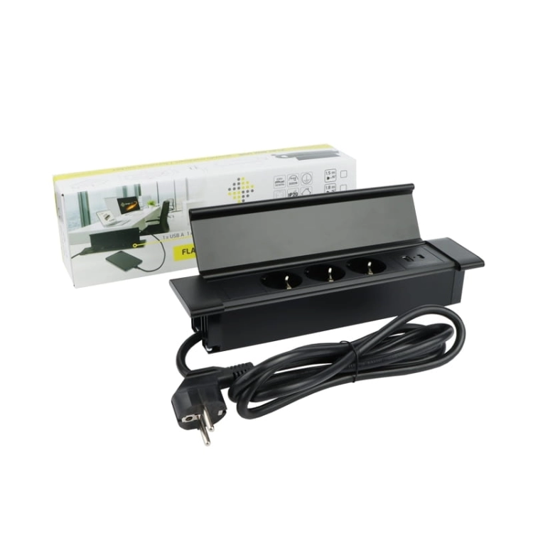 Gniazdo Flat Box CZARNY 3x gniazdo schuko, 1xUSB typ A, 1xUSB typ C przewód 1.8m 2