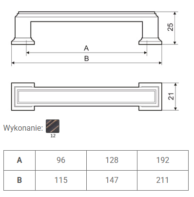 Uchwyt meblowy 96mm UZ 71 miedź wymiary