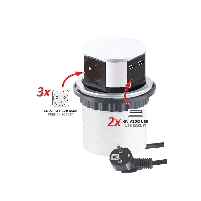 Gniazdo Tetra Box USB aluminium 3x schuko 2x USB